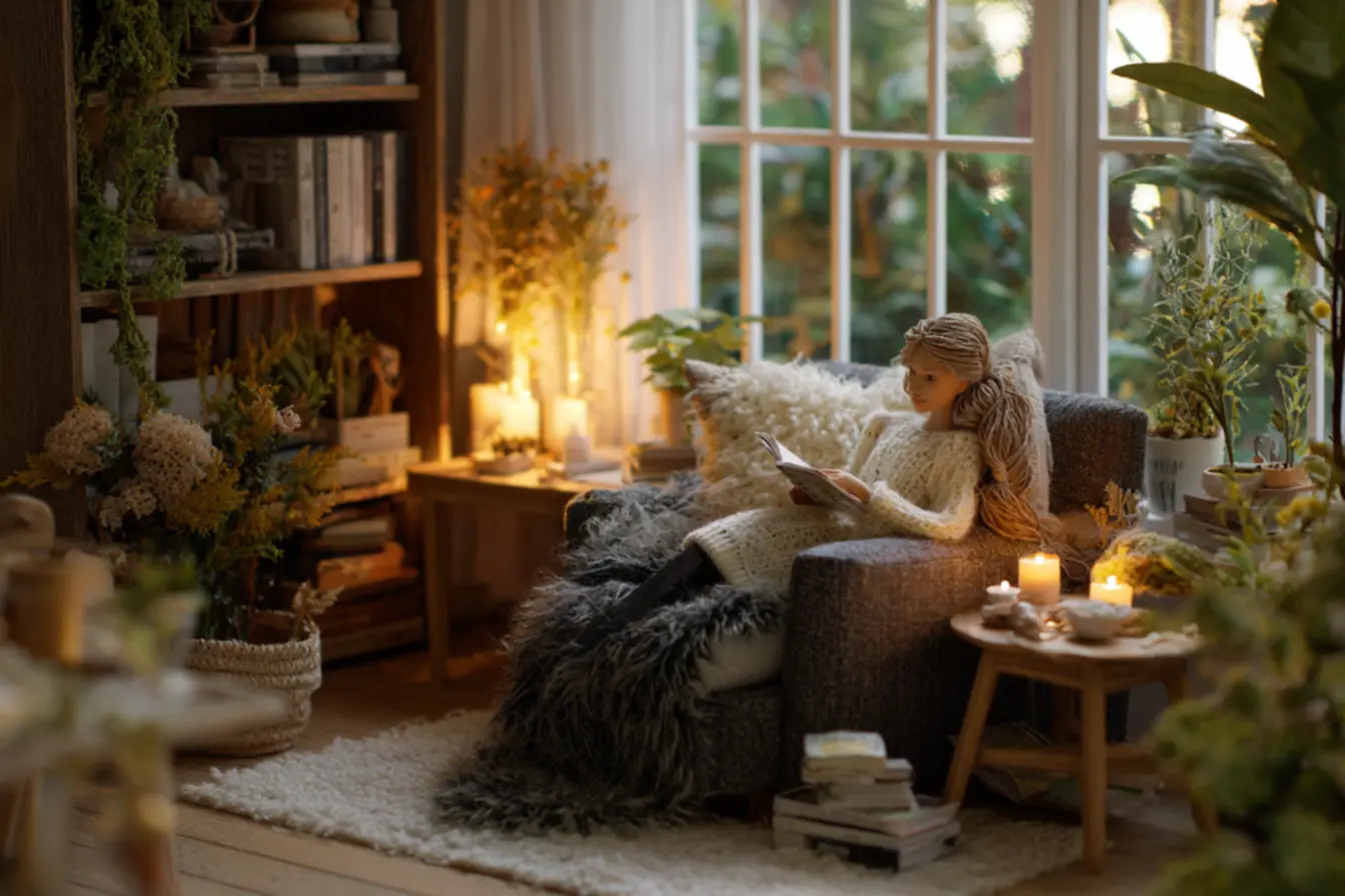 Espelho para ampliar espaço e cores claras em cantinho de leitura