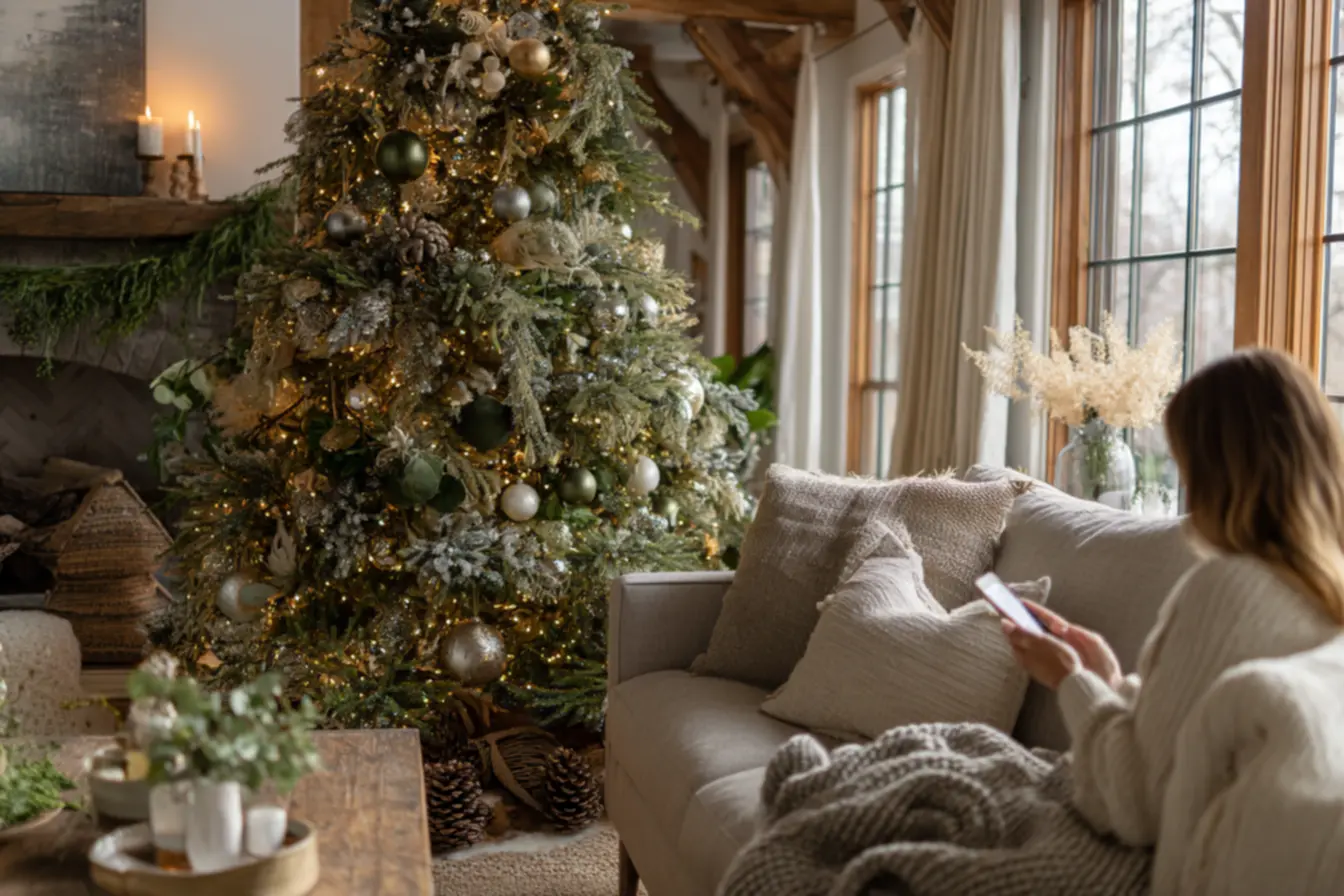 Guirlandas e arranjos de Natal em verde com folhagens naturais e elementos rústicos