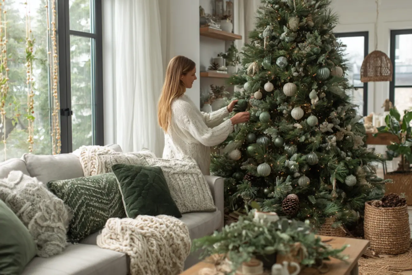 Decoração de Natal verde sofisticada com sala aconchegante e árvore em tons de verde
