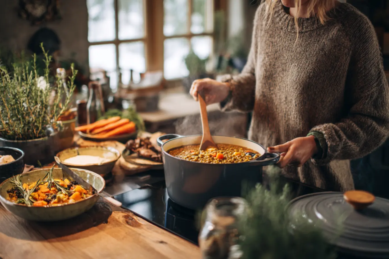Panela com ensopado de lentilhas cremoso sendo preparado no fogão