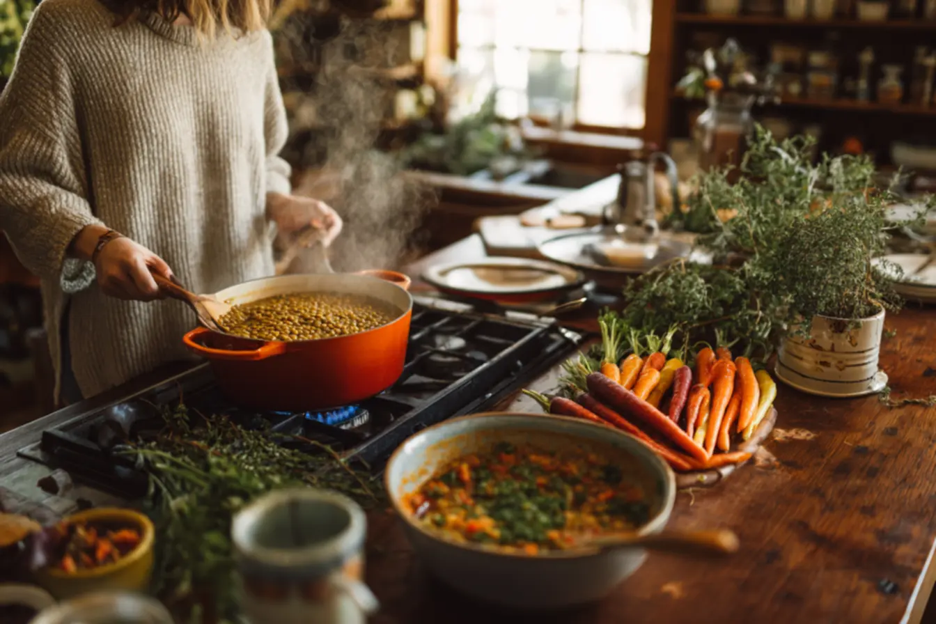Ensopado de lentilhas cremoso com legumes para dias frios