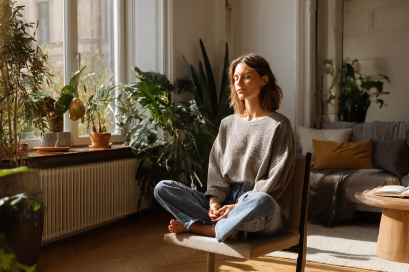 Mulher sentada em postura confortável praticando meditação curta para bem-estar emocional e mental