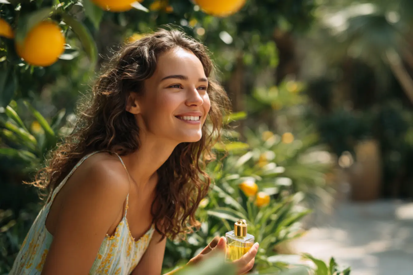 Notas florais e amadeiradas complementando perfume cítrico
