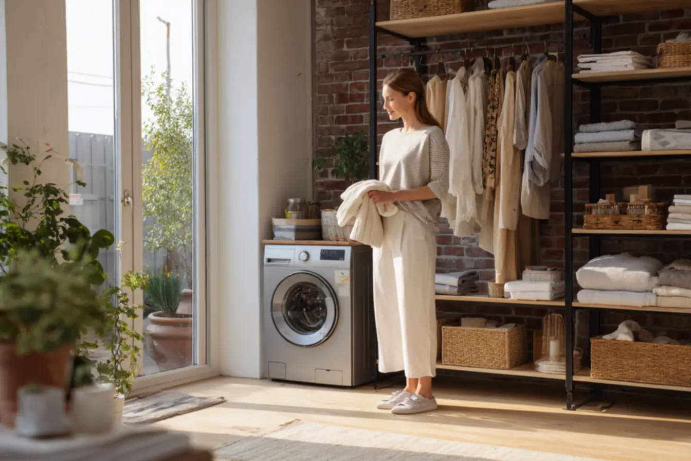 Lava e seca moderna substituindo a lavadora tradicional em lavanderia compacta