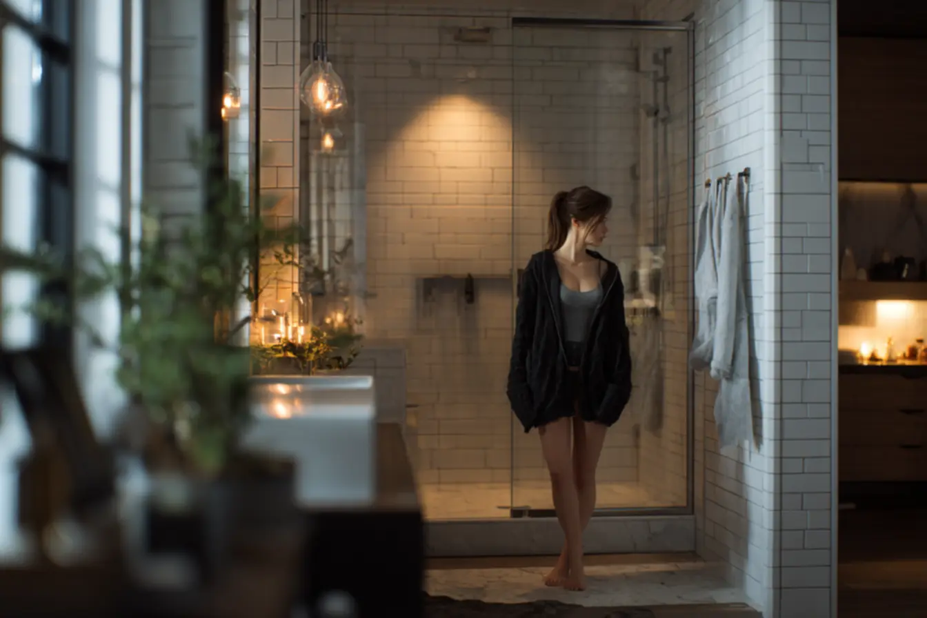 Revestimentos claros em porcelanato e pintura combinados em banheiro clean