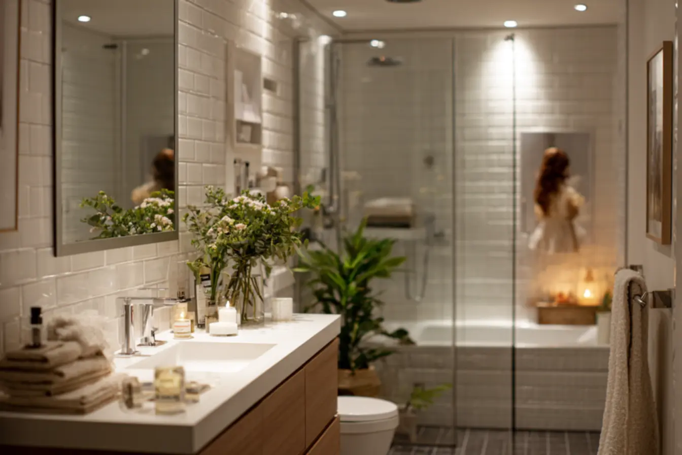 Banheiro clean moderno com revestimentos claros e decoração minimalista