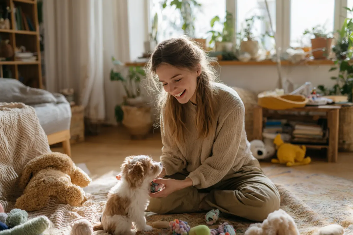 Ambiente doméstico preparado com área de descanso, alimentação e banheiro para cachorro