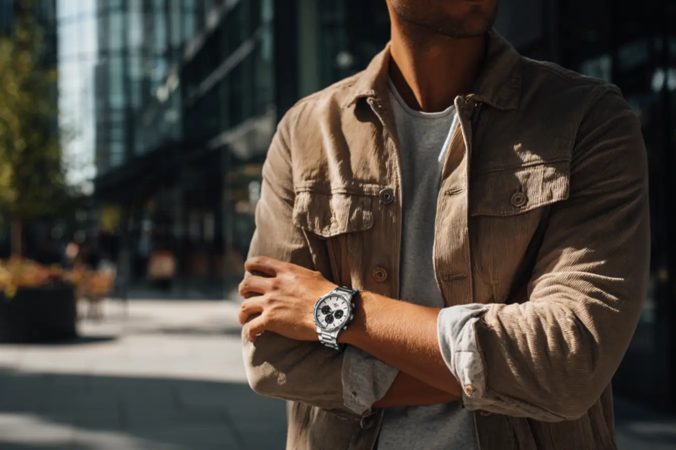 proporção ideal de caixa e pulseira em relógio Tommy prateado no pulso masculino