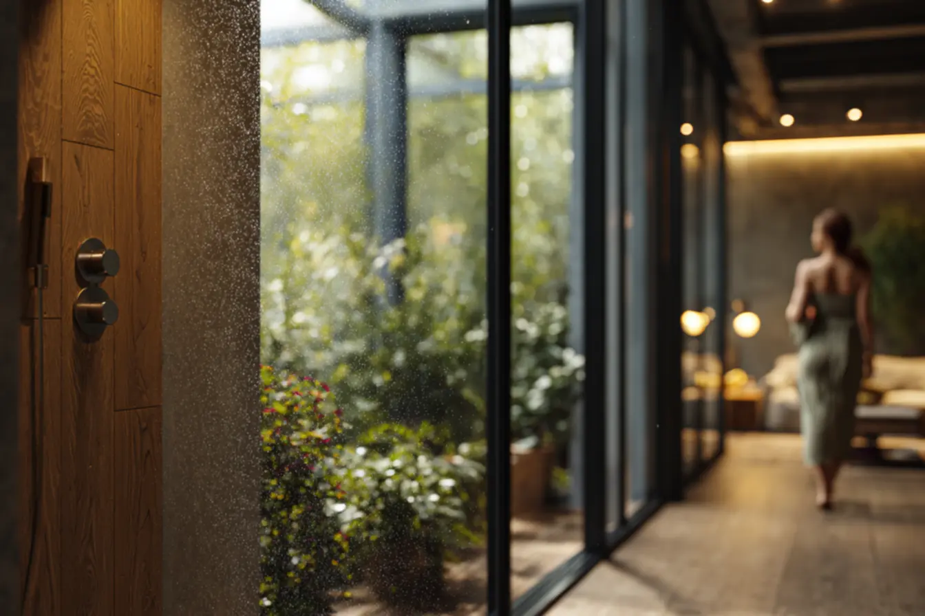 Banheiro com divisórias de PVC e organização funcional