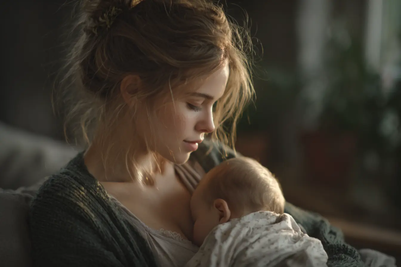 Mãe com dor ao amamentar devido a mamilo invertido ajustando a pega do bebê