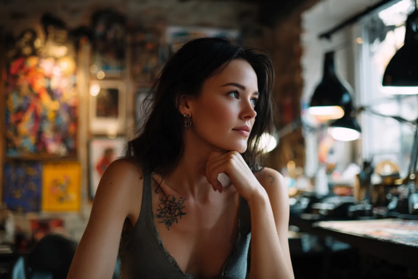 Mulher escolhendo tatuagem feminina simples minimalista com cuidado para evitar arrependimentos