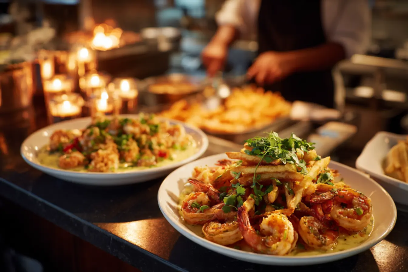 Fricassé de camarão gratinado com queijo e batata palha