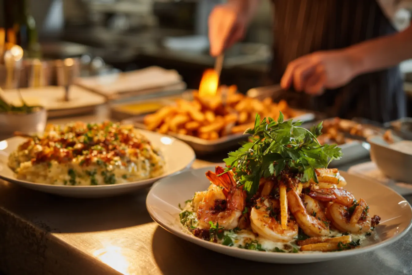 Prato de fricassé de camarão leve acompanhado de arroz branco