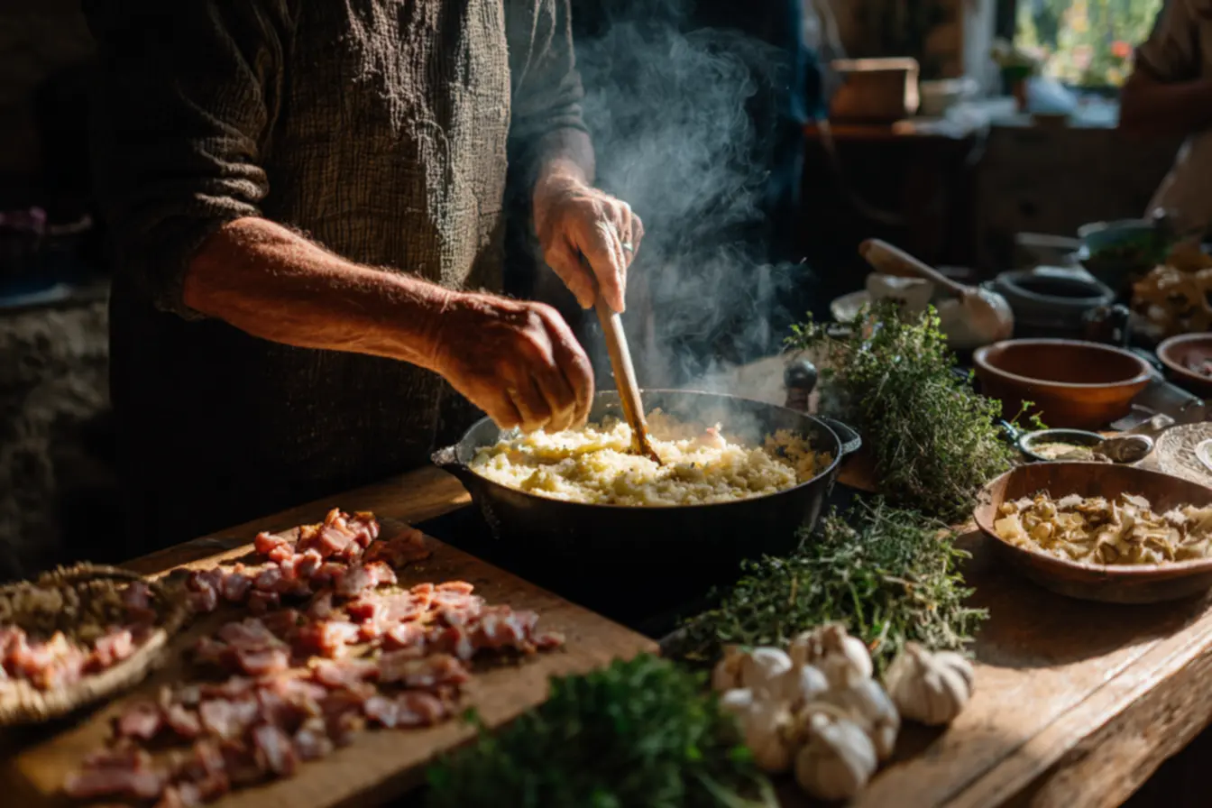 Ingredientes para feijão caipira com batatas e temperos naturais