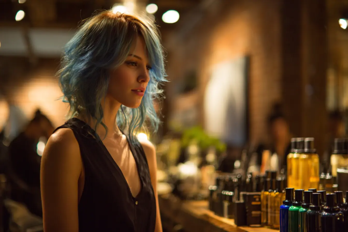 Cabelo azul intenso em base loira bem preparada sem manchas