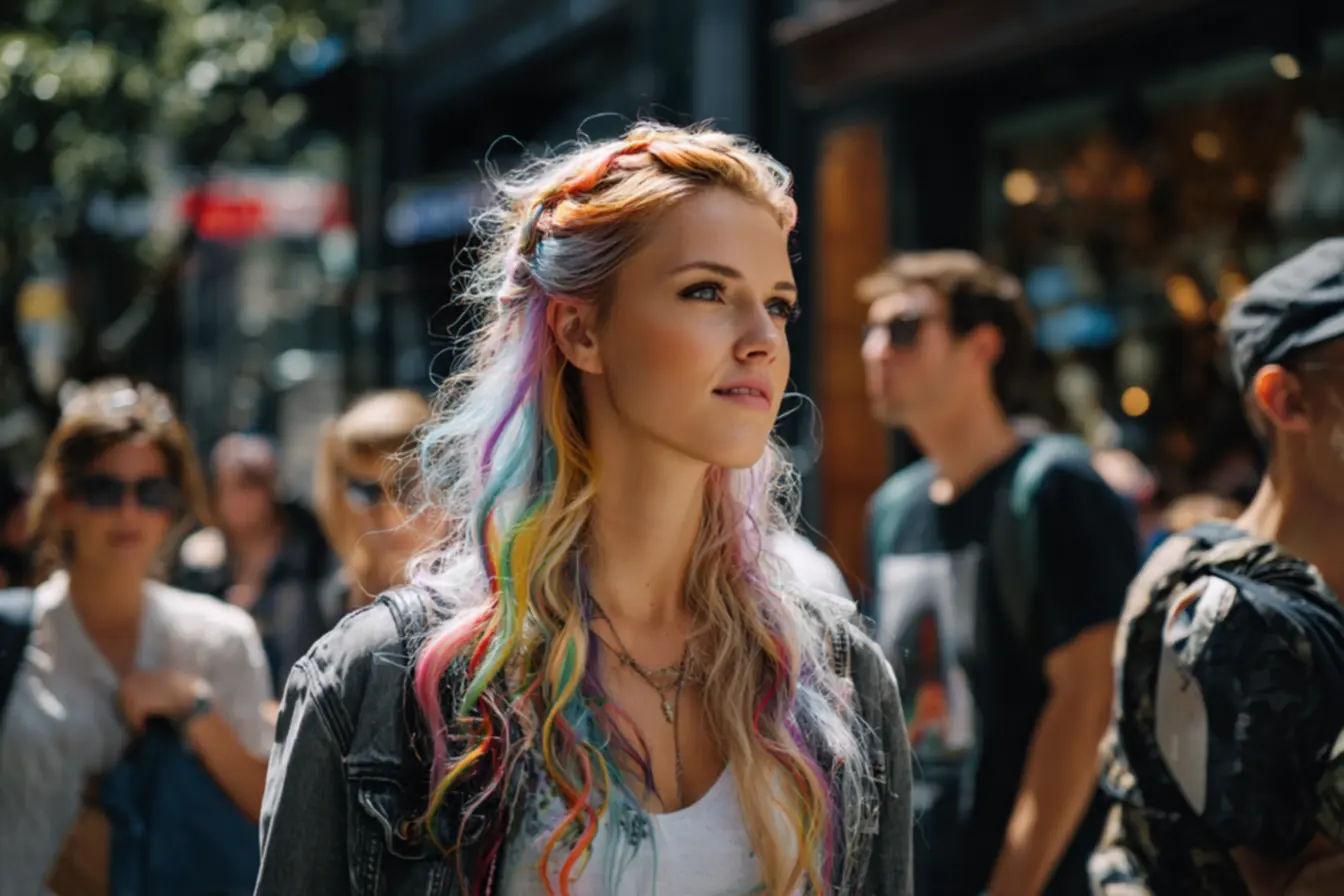 cabelo cacheado com mechas coloridas discretas e pontas fantasia