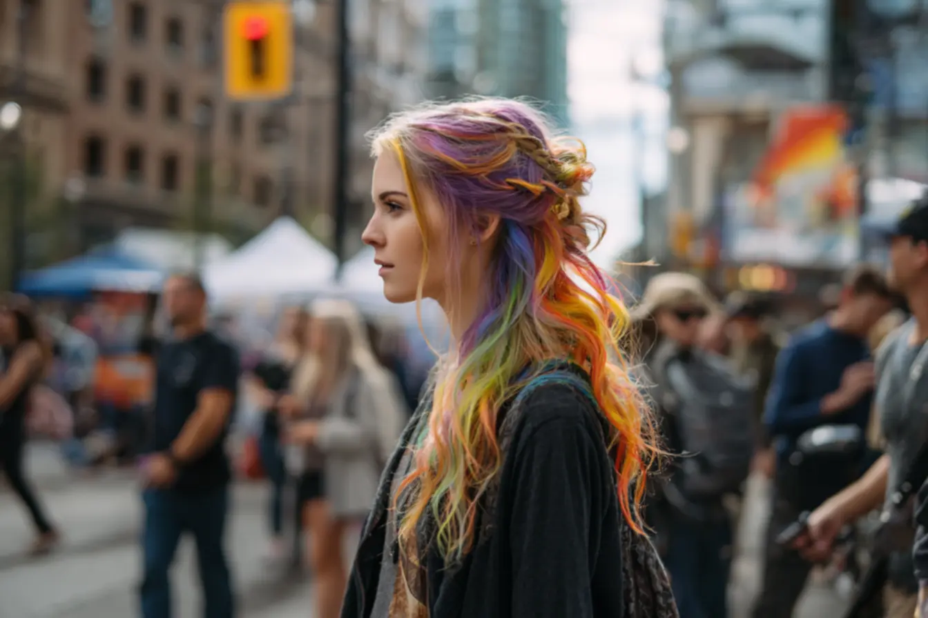 mulher com cabelo colorido vibrante usando produto adequado para fios descoloridos