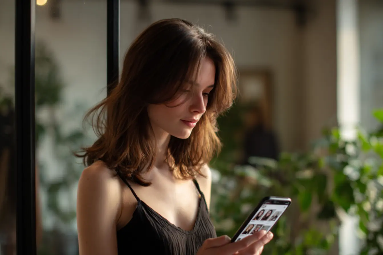 Mulher usando app para experimentar cortes de cabelo feminino virtualmente