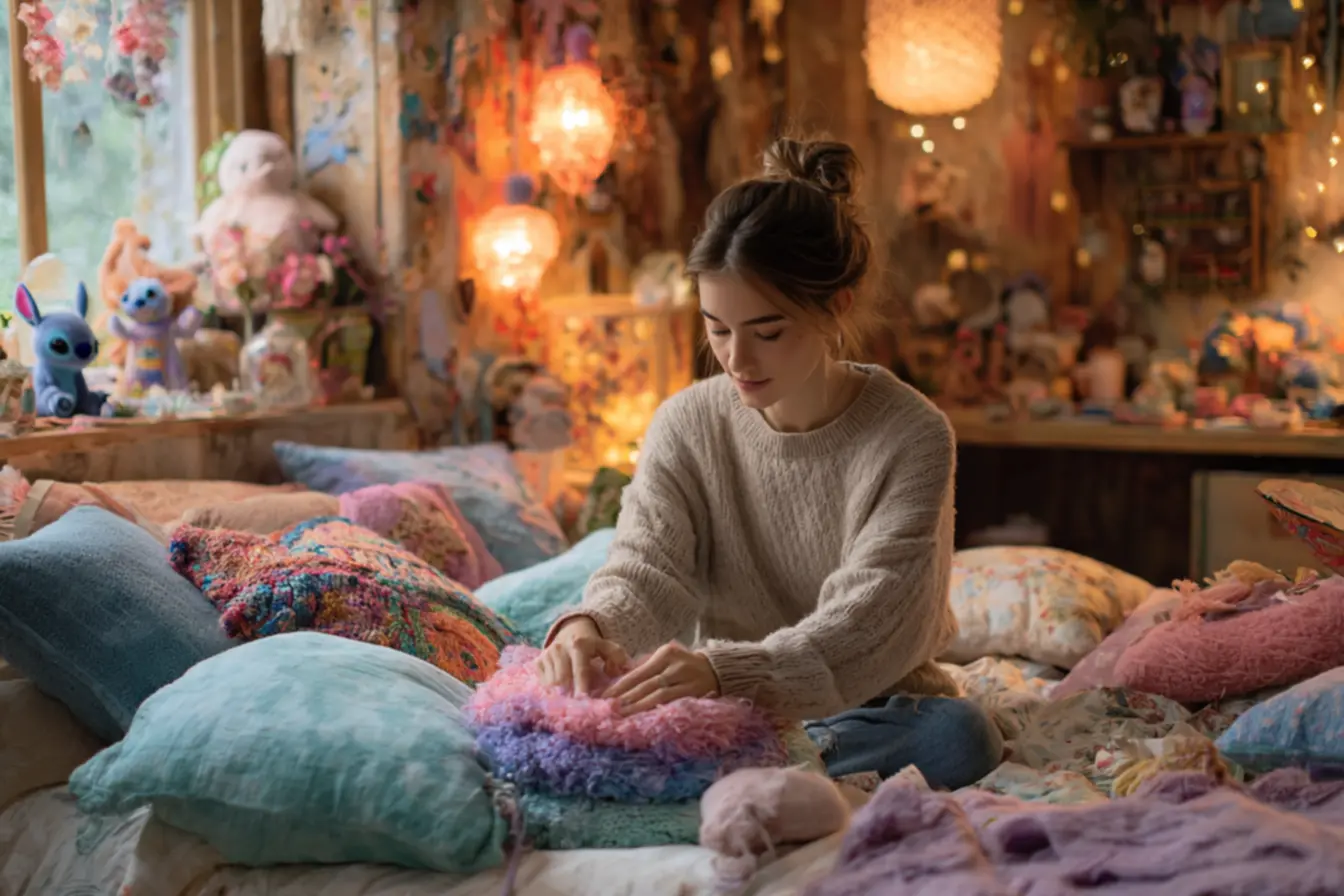 Decoração temática azul e rosa com Stitch e Angel em quarto aconchegante