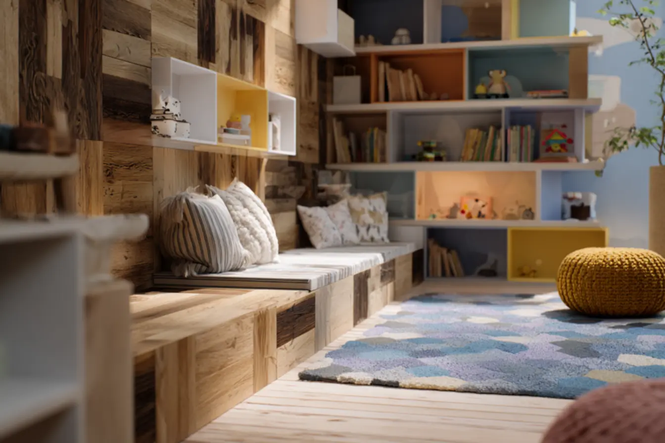 decoracao infantil com prateleiras baixas zona de leitura e brinquedos organizados