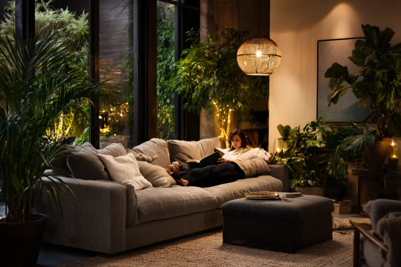 Detalhe de texturas em sala de estar com madeira, fibras naturais e tecidos macios