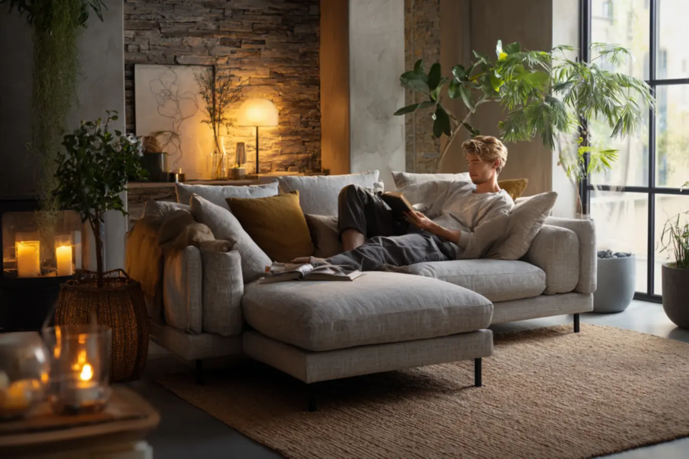 Sala de estar moderna com decoração aconchegante e iluminação planejada