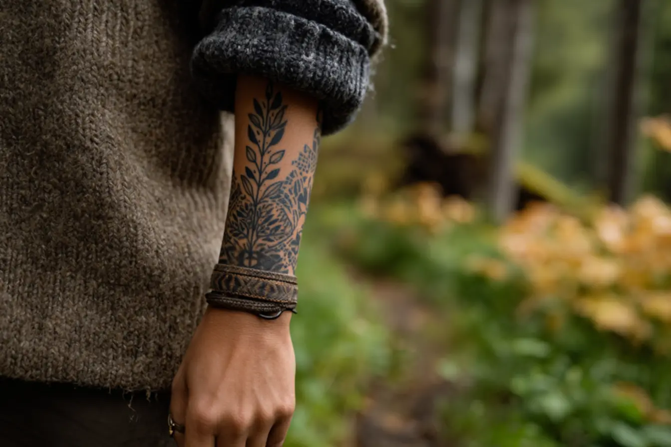 tatuagem circular de mandala e pontilhismo em volta do braço com efeito de bracelete