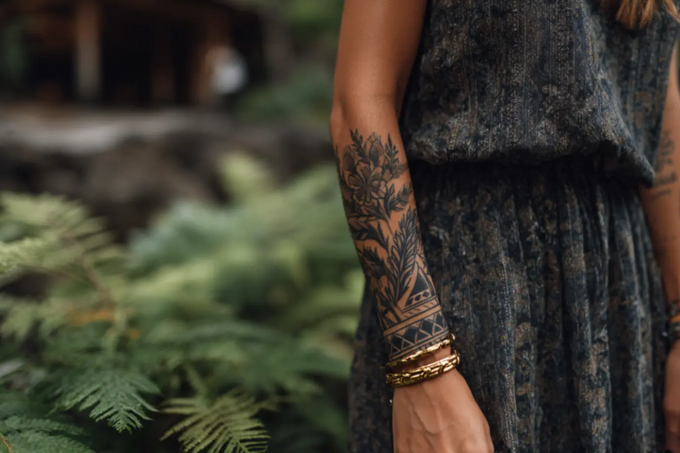 tatuagem em volta do braço em estilo bracelete minimalista que realça personalidade e estilo pessoal