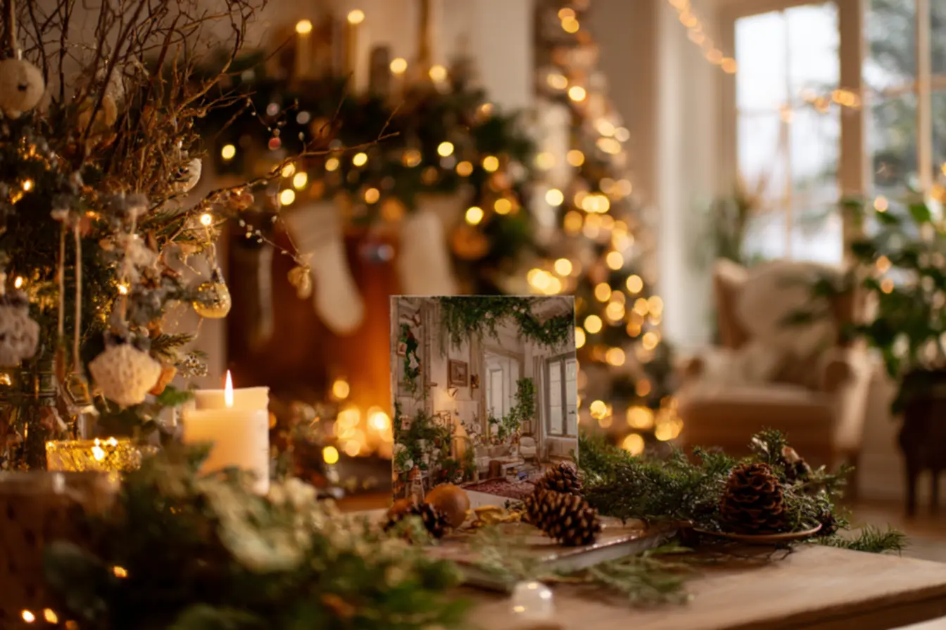 Elementos naturais como galhos e pinhas em painel de Natal rústico com texturas diferenciadas