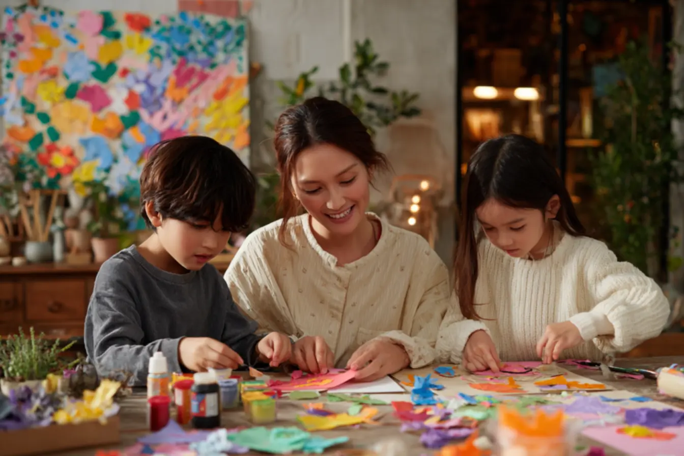 Materiais simples para painel DIY de Dia das Mães com corações, fotos e bilhetes