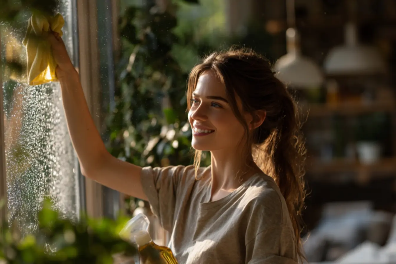 Aplicação de limpa vidro caseiro em box de banheiro com gordura e manchas de sabão
