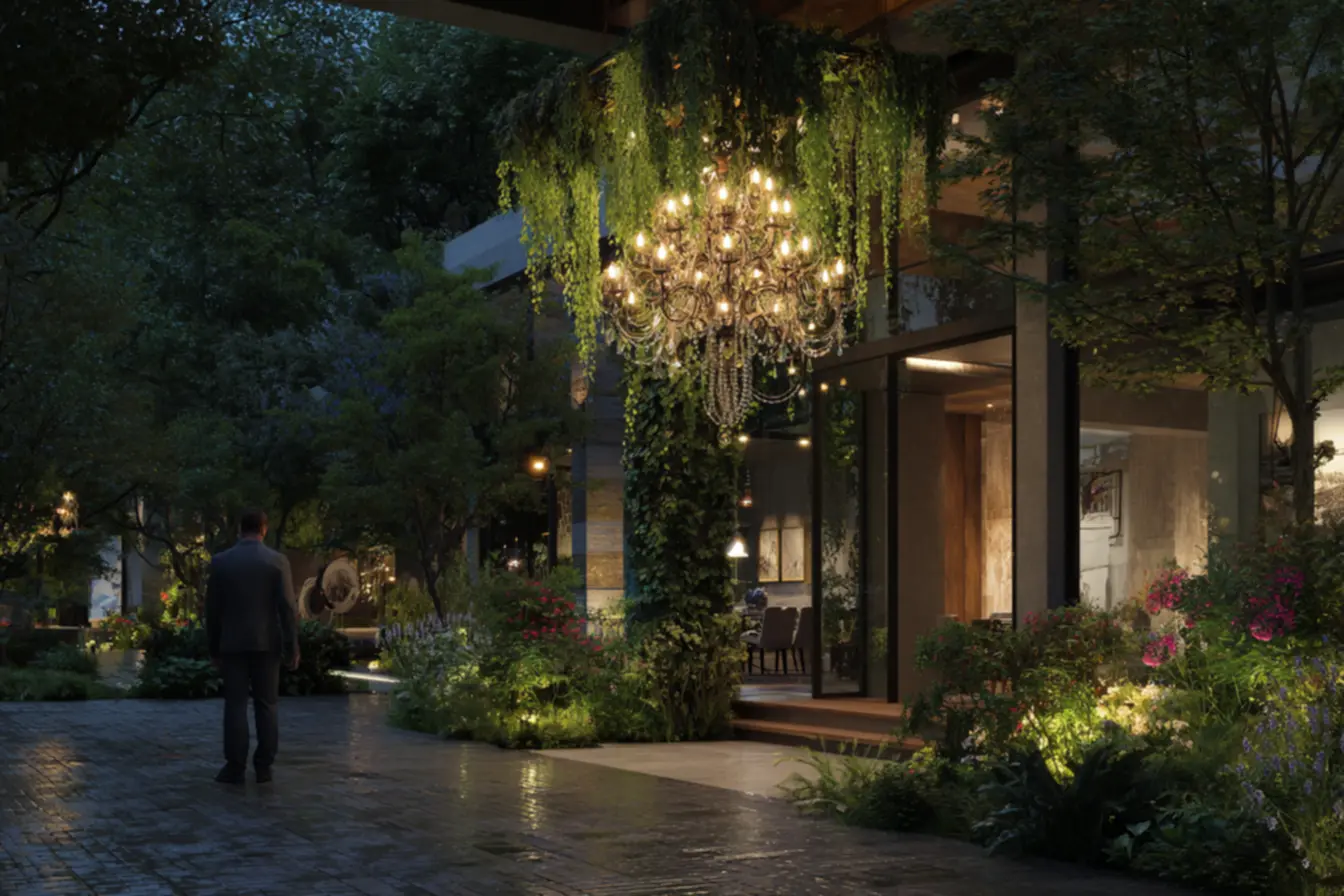 Trilho de lustres para jardim em pergolado com iluminação aconchegante