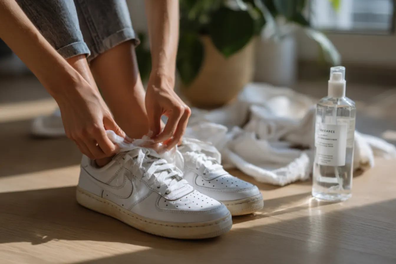 Aplicação de pasta de bicarbonato de sódio para limpar tênis branco e remover manchas