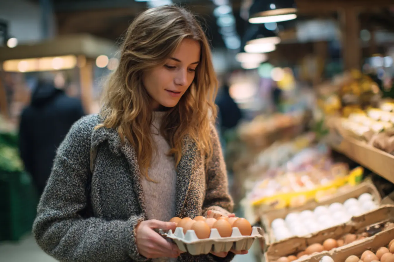 Bandejas de ovos no supermercado mostrando diferença de preço entre ovos brancos e marrons