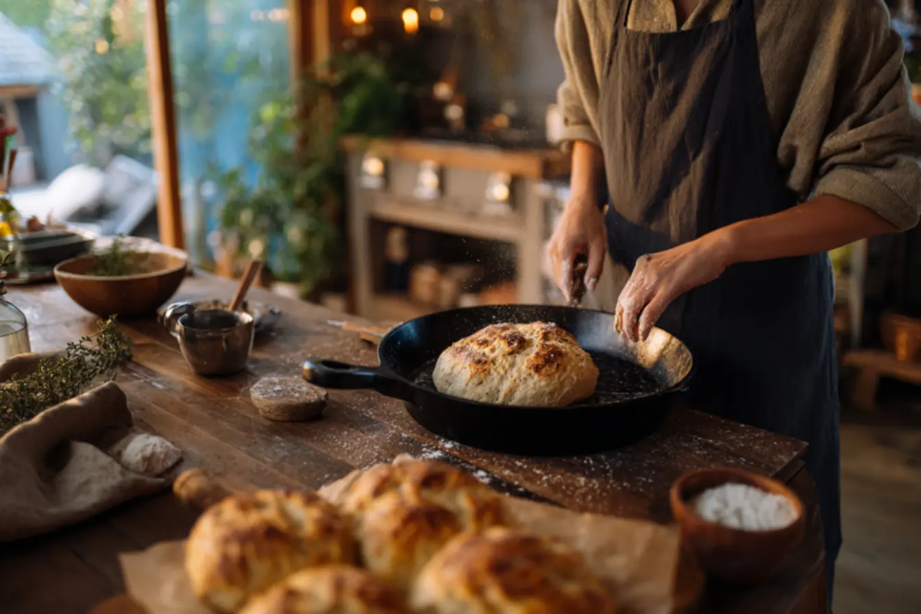 Discos de massa de pão na frigideira crescendo antes de ir ao fogo