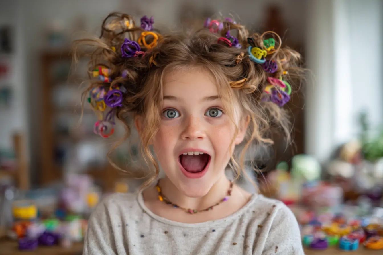Penteado infantil inovador com fitas coloridas e acessórios artesanais em casa