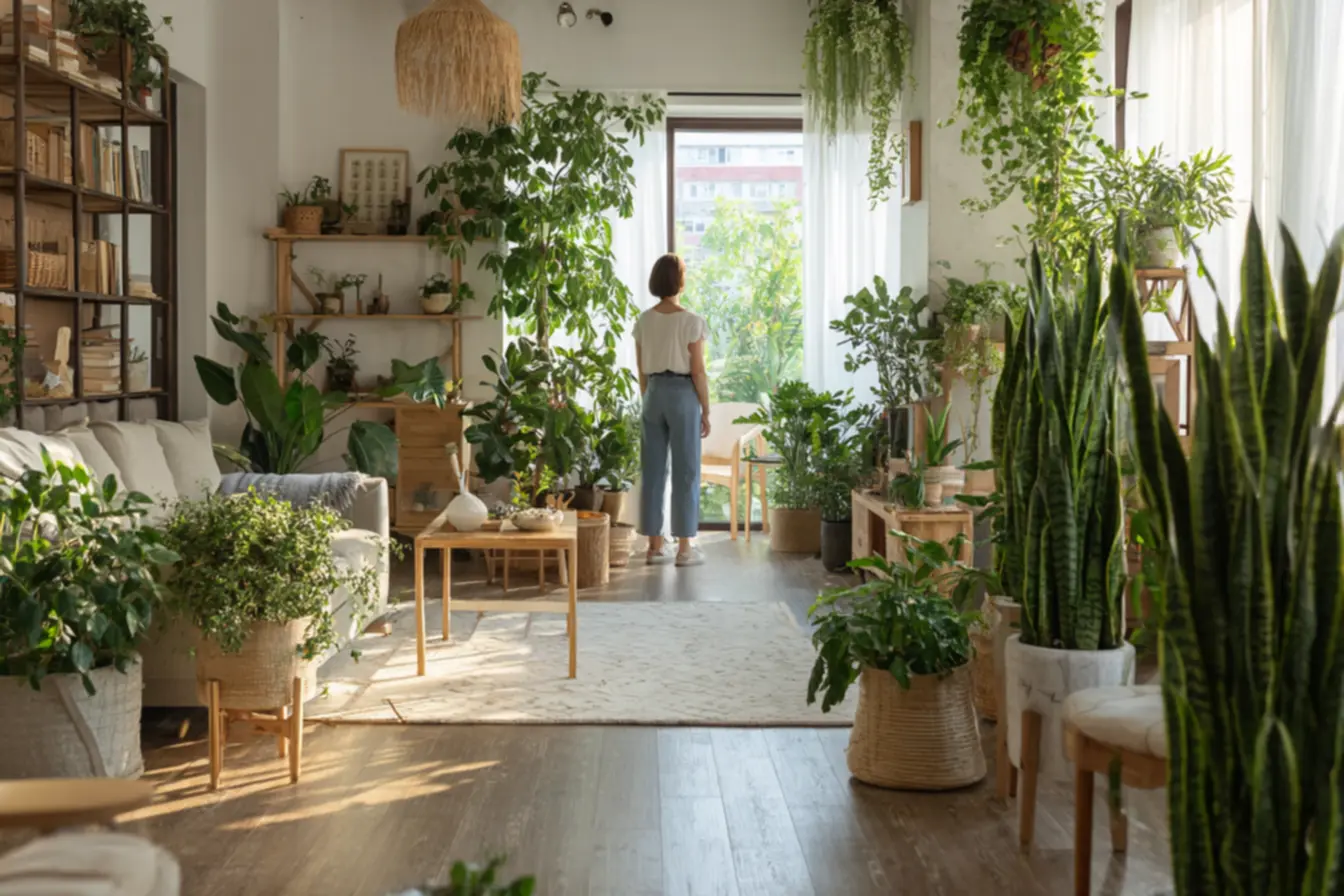Sala pequena com plantas pendentes e de chão combinadas para criar um canto verde compacto