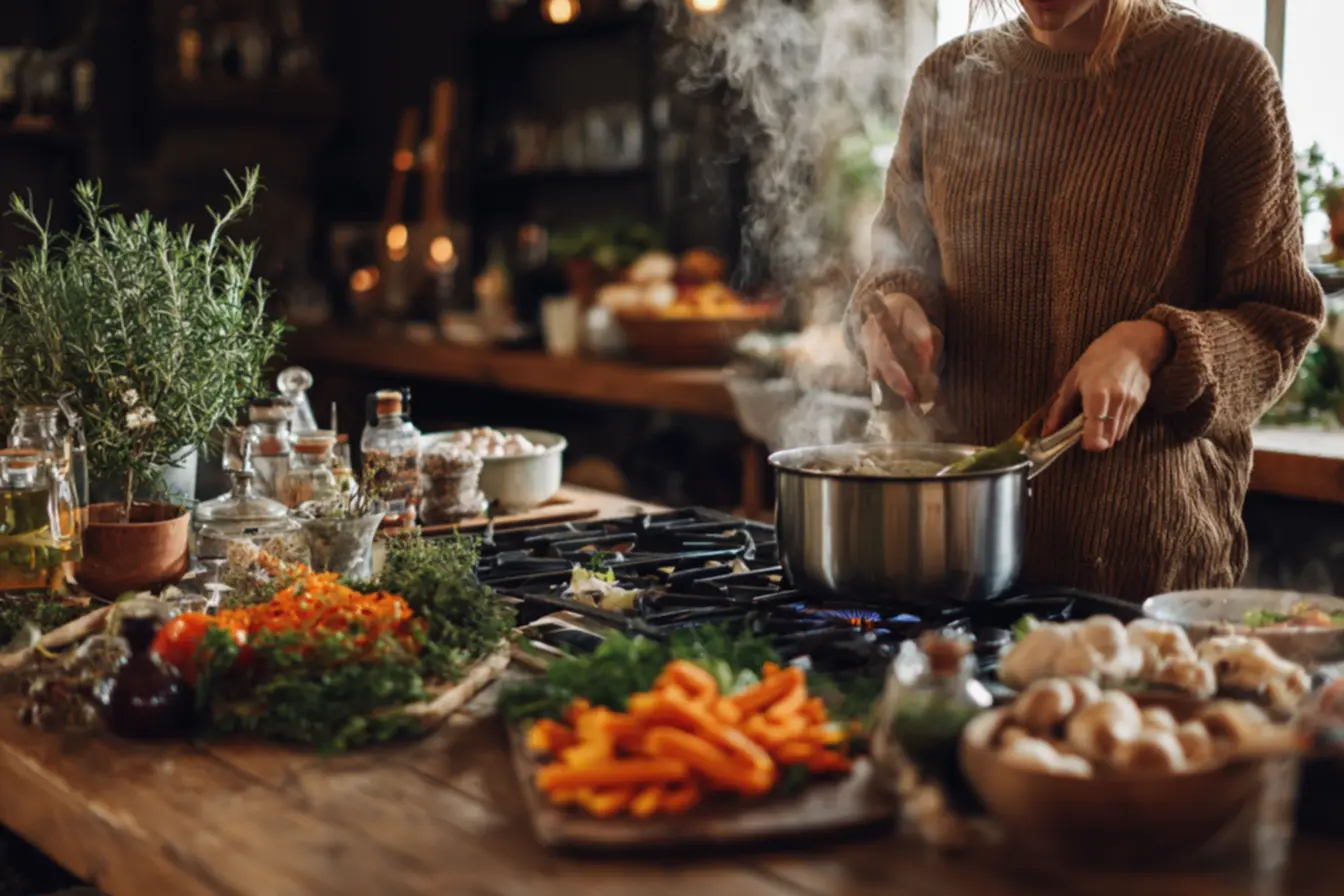 Caldo de galinha caseiro com legumes frescos e receita simples para o outono