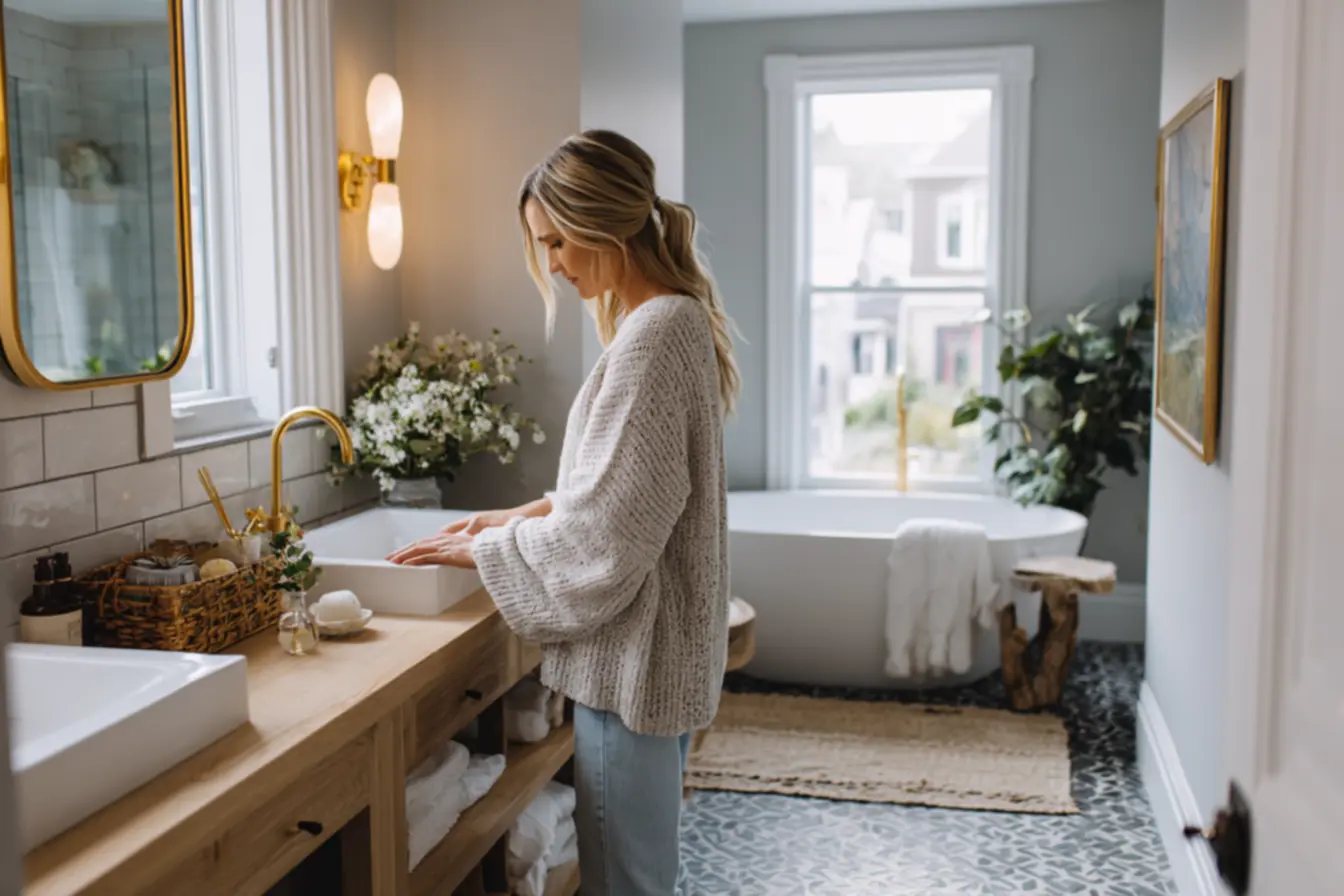 Banheiro renovado com baixo custo usando pintura e acessórios sem quebrar azulejos