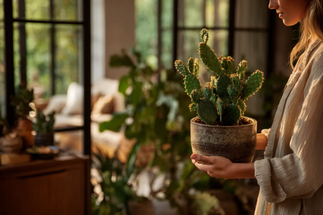 Cactos em jardim e corredores formando proteção natural e organizando o fluxo energético da casa