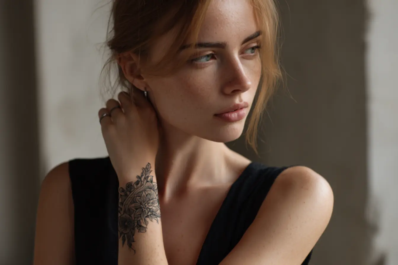 tatuagens de braço elegantes em estilo bracelete minimalista e botânico