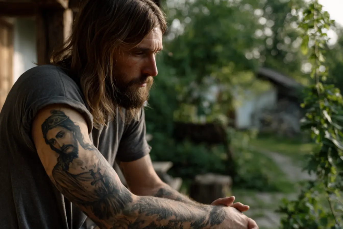 Silhueta de Cristo na cruz ao pôr do sol em tatuagem cristã