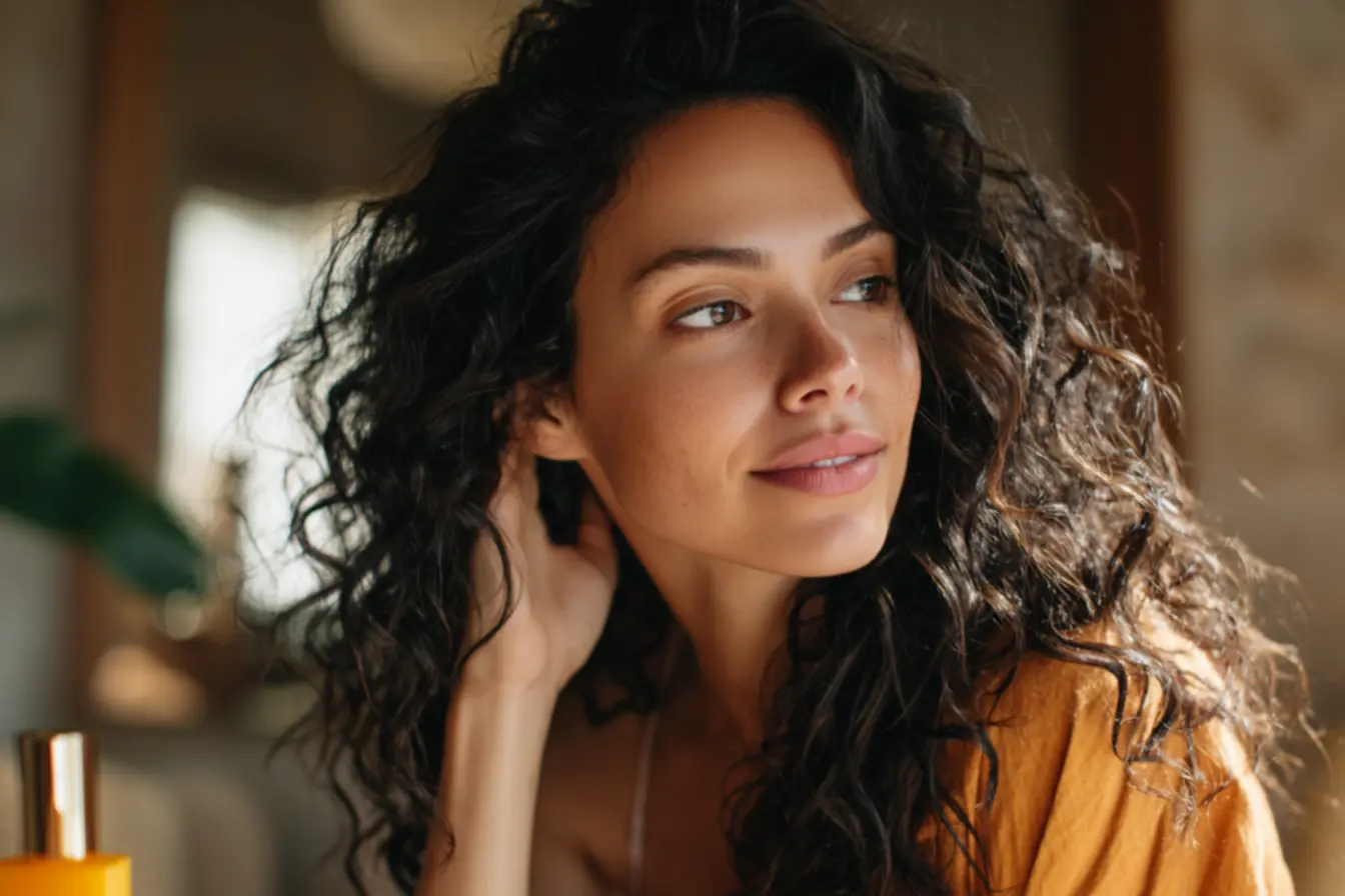 Mulher com cachos pretos definidos após coloração com tonalizante