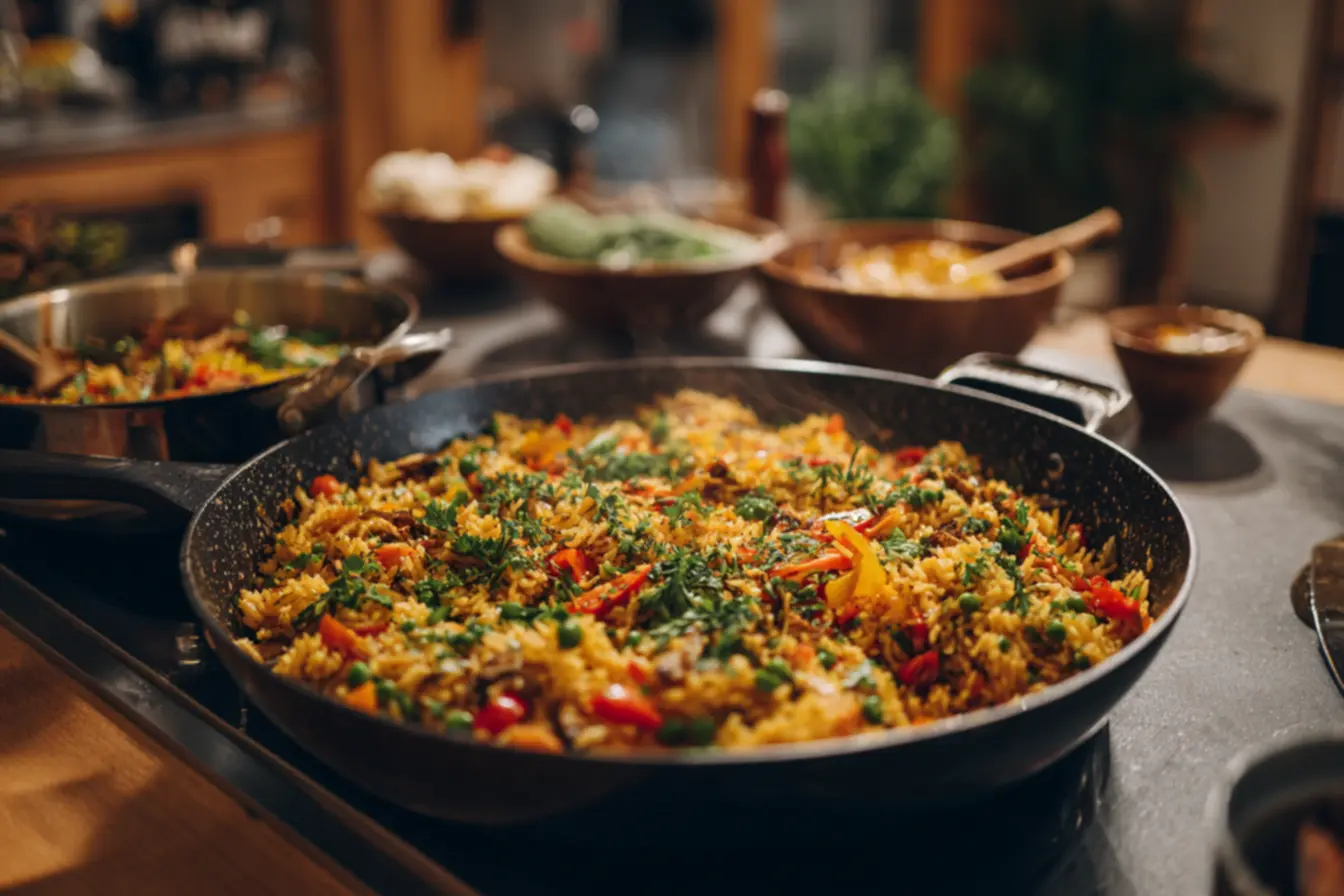 Prato de arroz à grega com textura e cores variadas