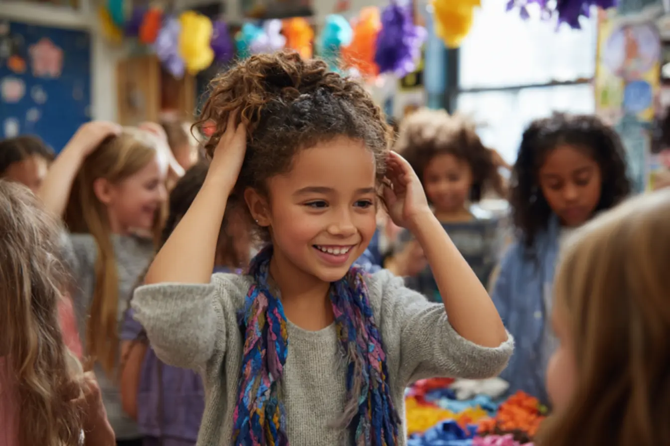 Crianças explorando tipos de cabelo e texturas em projeto pedagógico antirracista