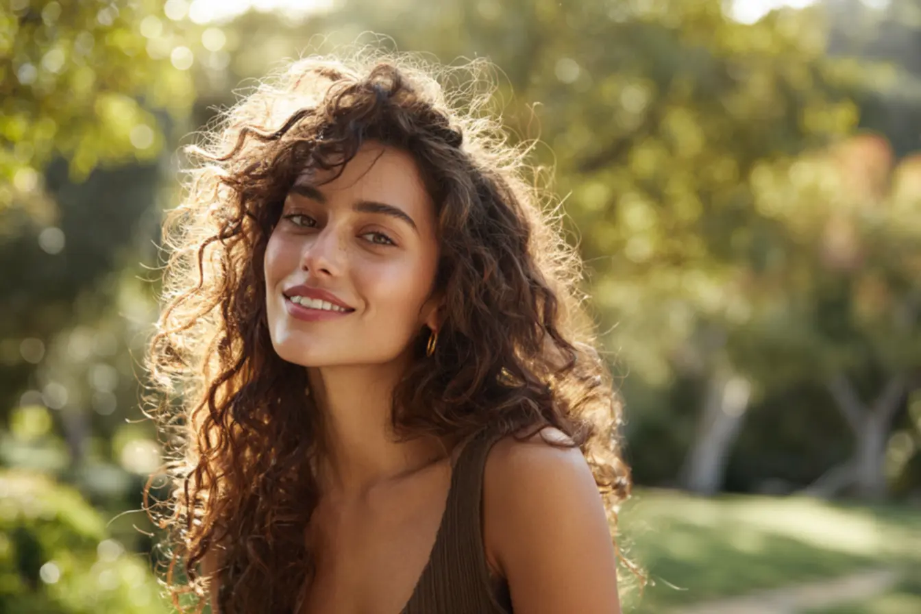 Cabelo orgânico cacheado com volume e definição natural em fios longos