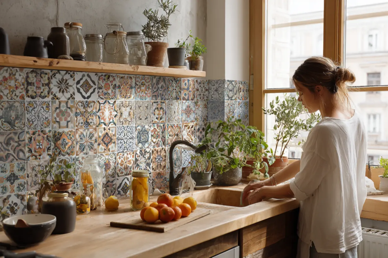 Parede de cozinha decorada com adesivo que imita ladrilho hidráulico colorido