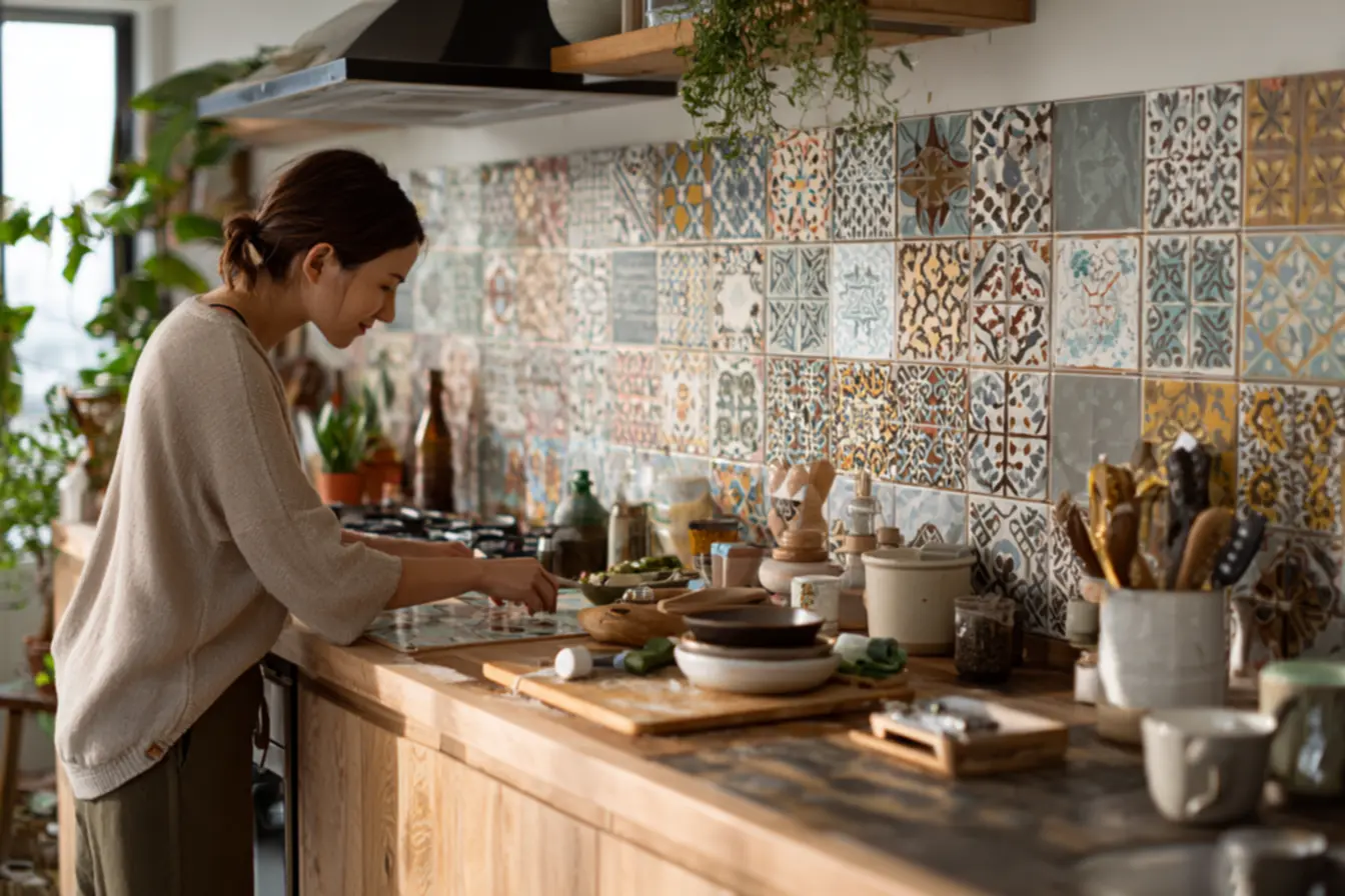 Aplicação de adesivo de azulejo na faixa da pia e backsplash da cozinha