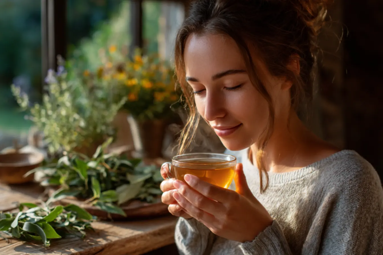 Momento de autocuidado com chá de ervas para bem-estar