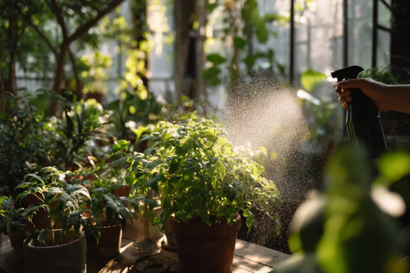 Aplicação de água com sabão nas folhas para controle de pragas em plantas de interior